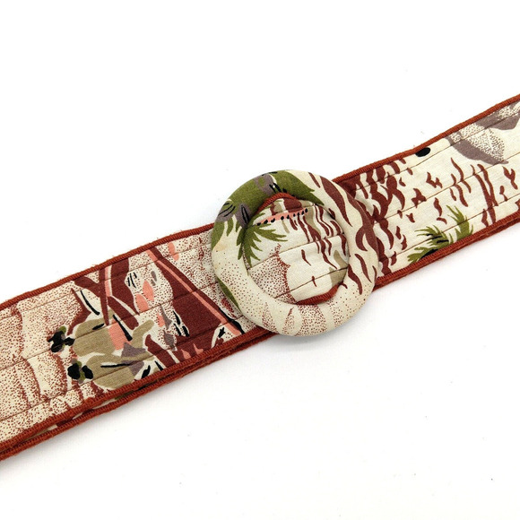 Vintage Womens Belt Size S/M Tropical Print 80s 90s Fabric Adjustable Boho Tiki - Picture 3 of 5